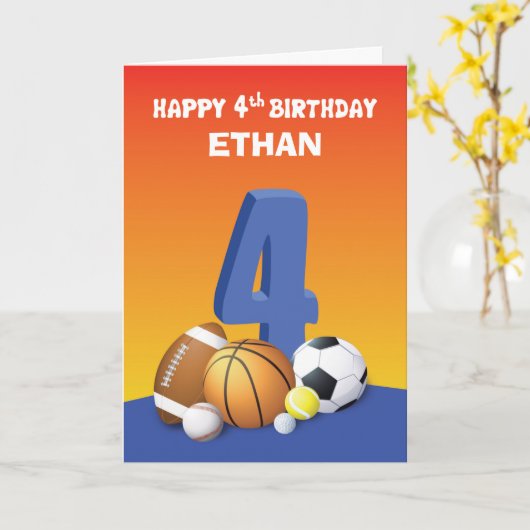 名前をカスタムするの第4回誕生日スポーツボール カード (黄色い花)