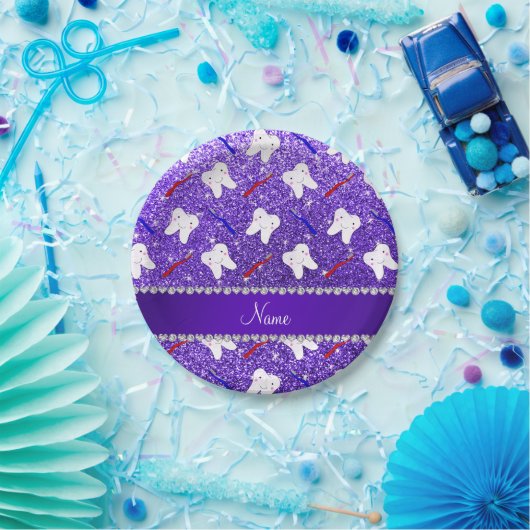 名前をカスタムするの紫色のグリッターのブラシおよび歯 ペーパープレート (パーティー)