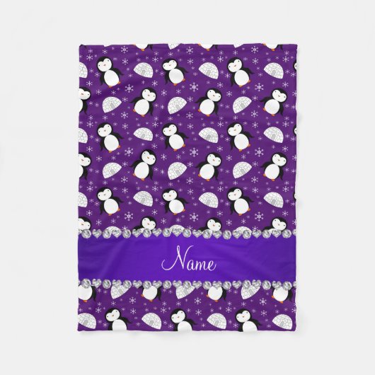 名前をカスタムするの紫色のペンギンのイグルーの雪片 フリースブランケット (正面)