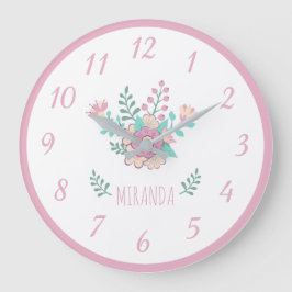 名前をカスタムするの花のリースの女の子の柱時計 ラージ壁時計