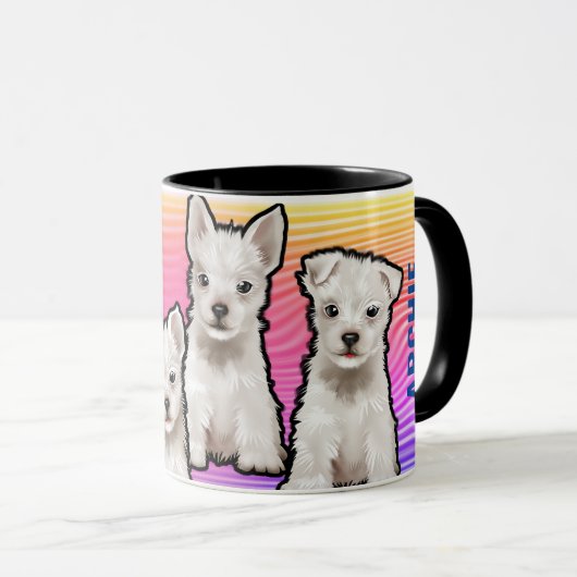 名前をカスタムするの虹と子犬のマグ。コーヒーマグ マグカップ (正面右)