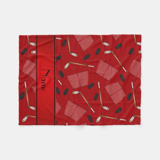 名前をカスタムするの赤いアイスホッケー用スティックのパックの網 フリースブランケット (正面(横))
