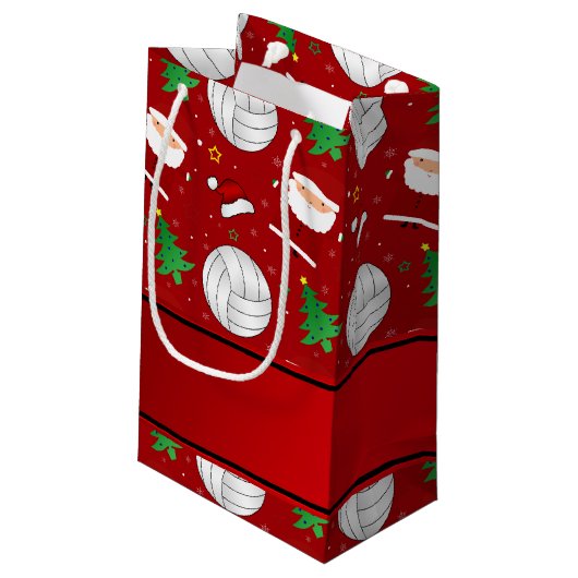 名前をカスタムするの赤いバレーボールのクリスマスパターン スモールペーパーバッグ (裏面アングル)