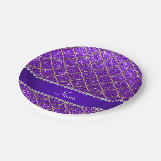 名前をカスタムするの金ゴールドのインディゴの紫色のグリッターのモトッコ人 ペーパープレート (アングル)