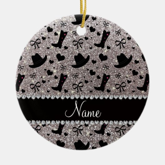 名前をカスタムするの銀のグリッターのカウボーイ・ブーツの帽子 セラミックオーナメント (正面)