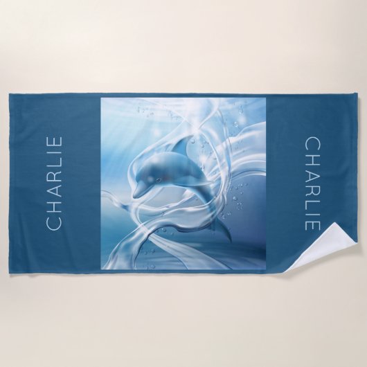名前をカスタムするの青いイルカのビーチタオル ビーチタオル (正面)
