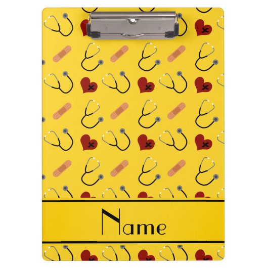 名前をカスタムするの黄色い聴診器の包帯のハート クリップボード (正面)