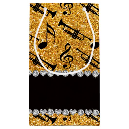 名前をカスタムするの黄色のグリッターのトランペット音楽ノート スモールペーパーバッグ (裏面)