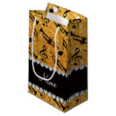 名前をカスタムするの黄色のグリッターのトランペット音楽ノート スモールペーパーバッグ (正面アングル)