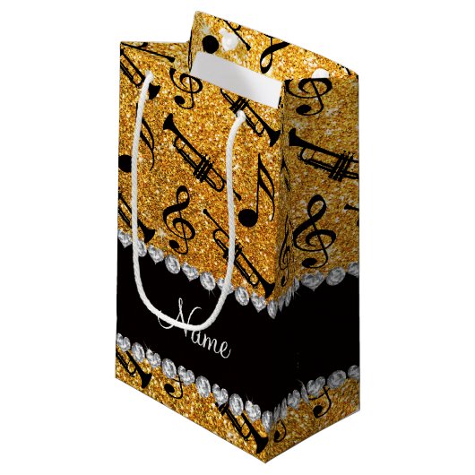 名前をカスタムするの黄色のグリッターのトランペット音楽ノート スモールペーパーバッグ (正面アングル)
