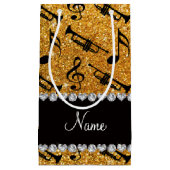 名前をカスタムするの黄色のグリッターのトランペット音楽ノート スモールペーパーバッグ (正面)