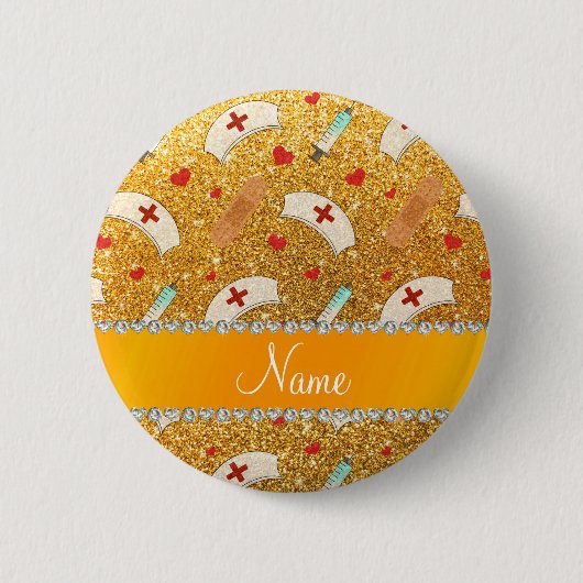 名前をカスタムするの黄色のグリッターのナースの帽子のハート 缶バッジ (正面)