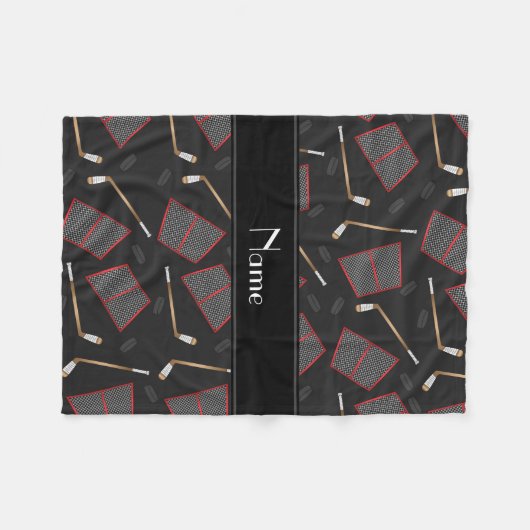 名前をカスタムするの黒いアイスホッケー用スティックのパックの網 フリースブランケット (正面(横))