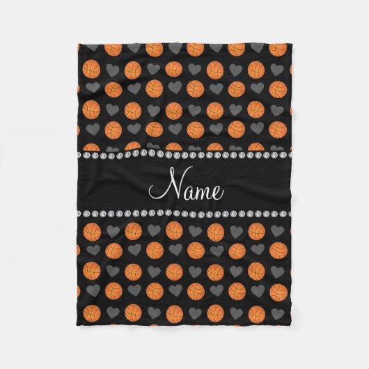 名前をカスタムするの黒いバスケットボールおよびハート フリースブランケット (正面)