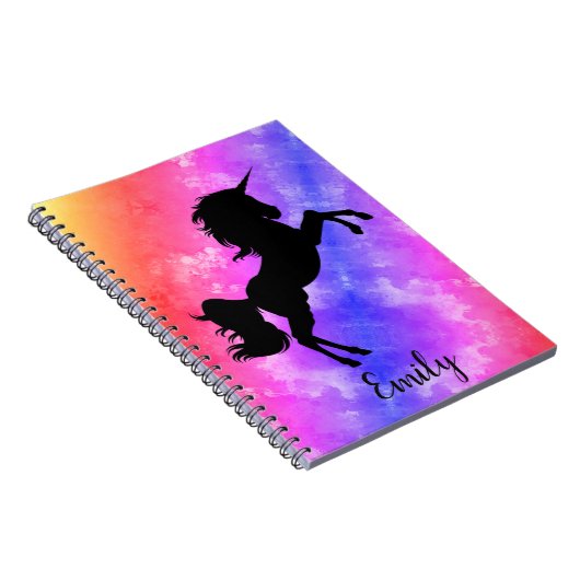 名前をカスタムするの黒いユニコーンの虹の空のノート ノートブック (右側)