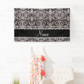 名前をカスタムするの黒い銀製のグリッターのダマスク織 横断幕 (インサイチュ)