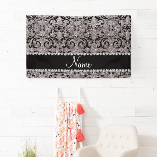名前をカスタムするの黒い銀製のグリッターのダマスク織 横断幕