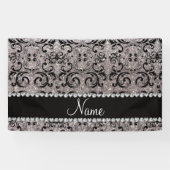 名前をカスタムするの黒い銀製のグリッターのダマスク織 横断幕 (横)