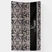 名前をカスタムするの黒い銀製のグリッターのダマスク織 横断幕 (縦)