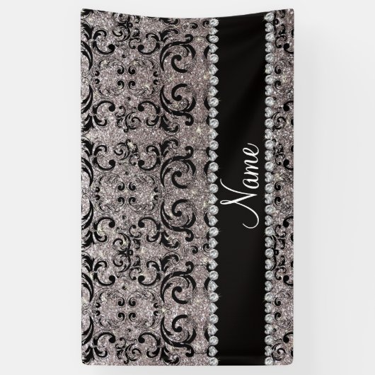 名前をカスタムするの黒い銀製のグリッターのダマスク織 横断幕 (縦)