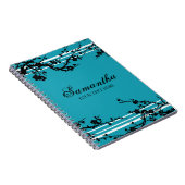 名前をカスタムするの黒およびターコイズの花柄のノート ノートブック (右側)