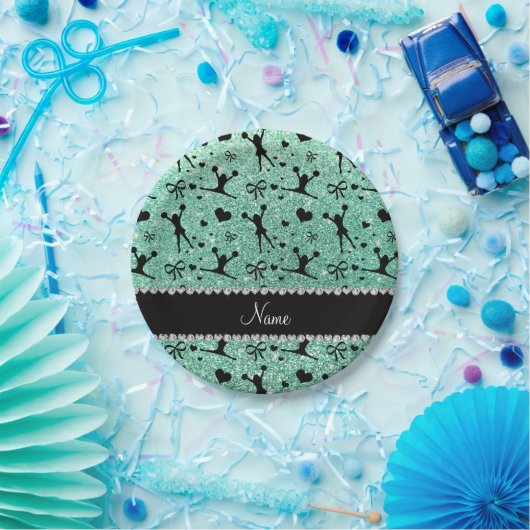 名前をカスタムするのseafoamの緑のグリッターのチアリーティング ペーパープレート (パーティー)