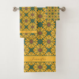 名前をカスタムするひまわり模様（濃い緑） バスタオルセット