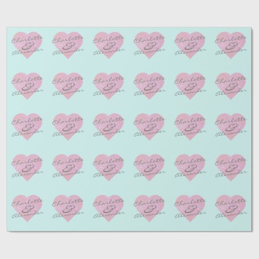 名前をカスタムするまたはイニシャルグリッターハート名ミント ラッピングペーパー (フラット)