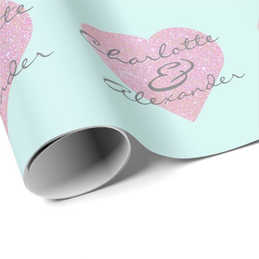 名前をカスタムするまたはイニシャルグリッターハート名ミント ラッピングペーパー (ロールコーナー)