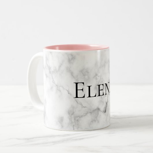 名前をカスタムするまたは色のエレガントで白い大理石のプリント ツートーンマグカップ (正面左)