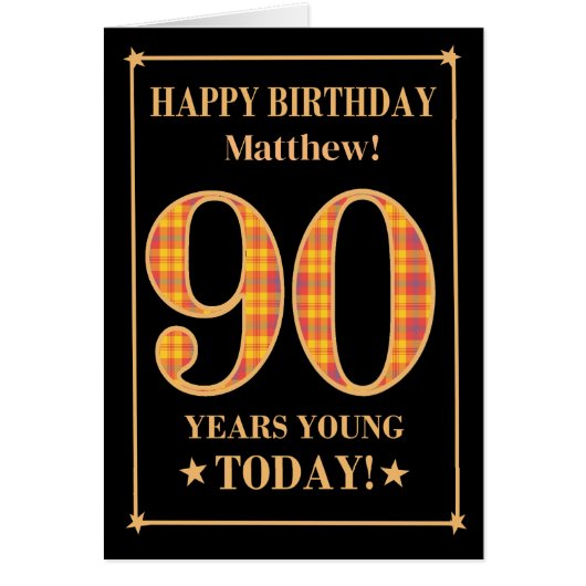 名前をカスタムするまたは関係90番目の誕生日タータンチェックカード (正面)