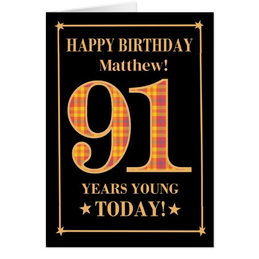 名前をカスタムするまたは関係91番目の誕生日タータンチェックカード (正面)