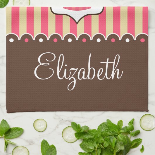 名前をカスタムするを用いるピンク及びブラウンのかわいいカップケーキ キッチンタオル (折り畳み)