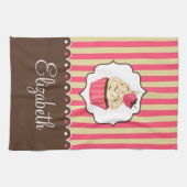 名前をカスタムするを用いるピンク及びブラウンのかわいいカップケーキ キッチンタオル (横)