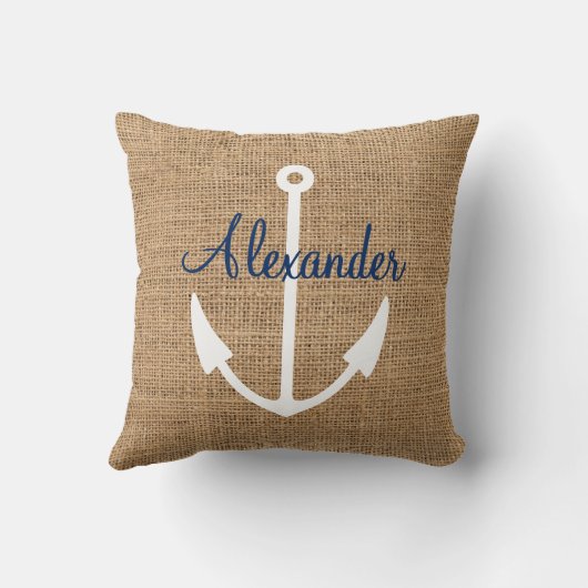 名前をカスタムするを用いるフェイクなバーラップの航海のないかり クッション (裏面)