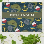 名前をカスタムするを用いる男らしい漁師パターン キッチンタオル (折り畳み)