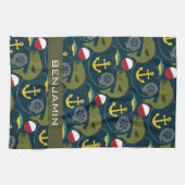 名前をカスタムするを用いる男らしい漁師パターン キッチンタオル (横)