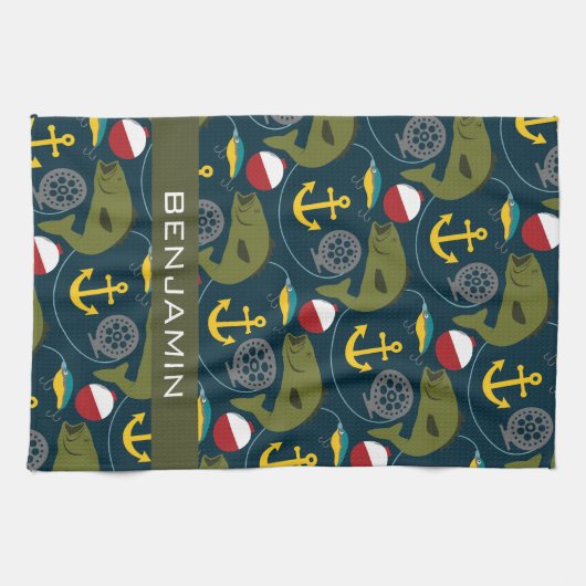 名前をカスタムするを用いる男らしい漁師パターン キッチンタオル (横)