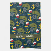 名前をカスタムするを用いる男らしい漁師パターン キッチンタオル (縦)