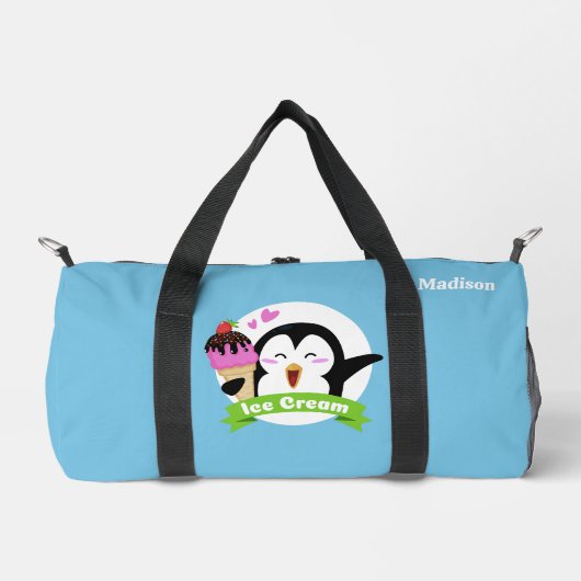名前をカスタムするアイスクリームペンギン ダッフルバッグ (正面)