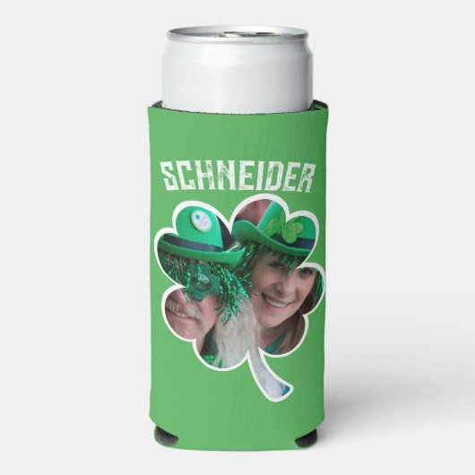 名前をカスタムするアイリッシュクローバー写真St patricks day スリム缶クーラー (Seltzer正面)