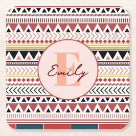 名前をカスタムするアステカエレガンスウォームレッドエスニックパターン スクエアペーパーコースター