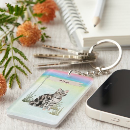 名前をカスタムするアメリカンショートヘアペットキャット キーホルダー (正面右)