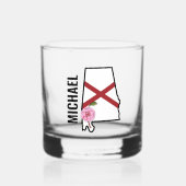 名前をカスタムするアラバマ国旗と州フラワー椿 ウイスキーグラス (正面)