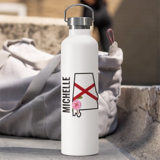 名前をカスタムするアラバマ国旗と州フラワー椿 ウォーターボトル