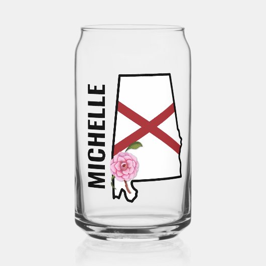 名前をカスタムするアラバマ国旗と州フラワー椿 ガラス缶 (正面)