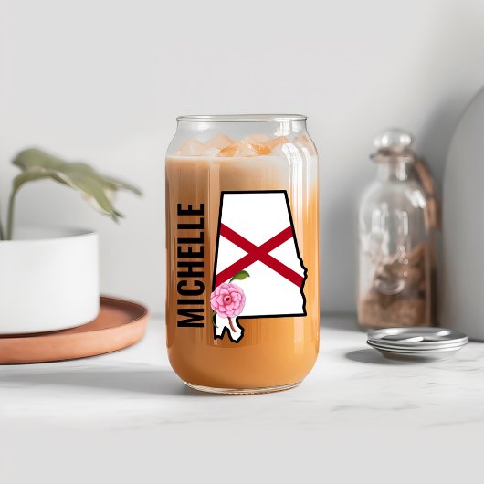 名前をカスタムするアラバマ国旗と州フラワー椿 ガラス缶