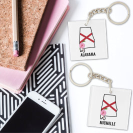 名前をカスタムするアラバマ国旗と州フラワー椿 キーホルダー