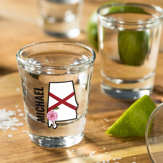 名前をカスタムするアラバマ国旗と州フラワー椿 ショットグラス