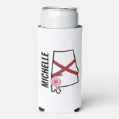 名前をカスタムするアラバマ国旗と州フラワー椿 スリム缶クーラー (Seltzer正面)